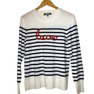 Marled "Love" Sweater Navy & White Stripe M